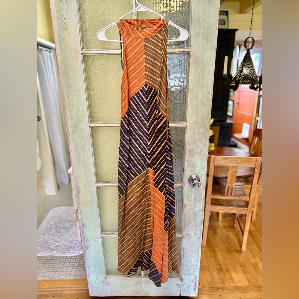 Anthropologie Chevron Orange, Brown, Navy Midi Halter Dress